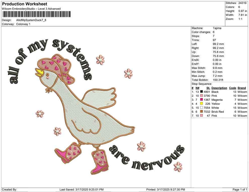 Nervous Duck Embroidery Design: Funny Animal Lover File (Digital Download)
