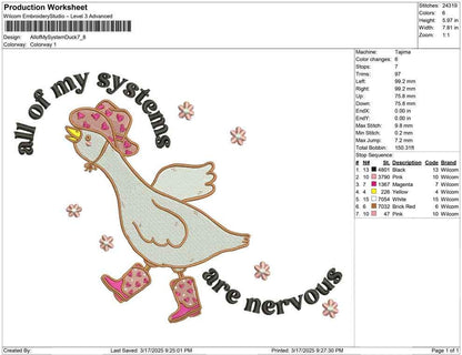 Nervous Duck Embroidery Design: Funny Animal Lover File (Digital Download)