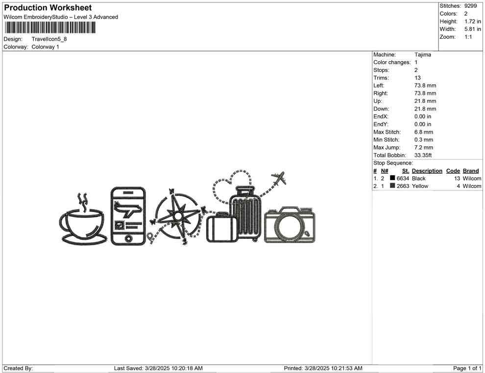 Holiday Travel Embroidery Designs: Icon Line Art Machine Embroidery File Coffee, Phone, Compass, Luggage, Camera and Plane
