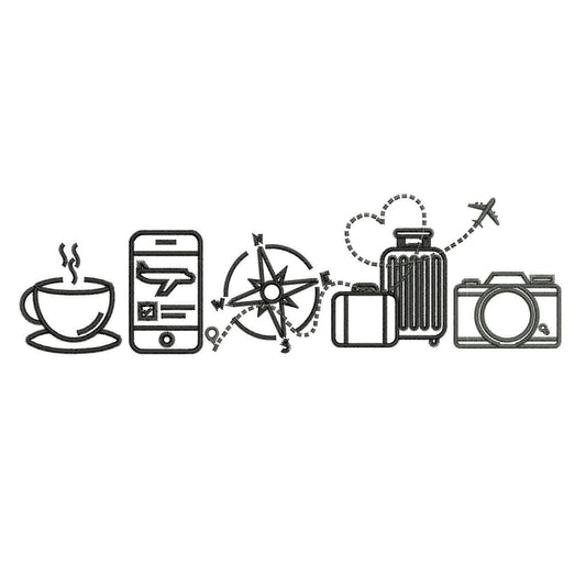 Holiday Travel Embroidery Designs: Icon Line Art Machine Embroidery File Coffee, Phone, Compass, Luggage, Camera and Plane