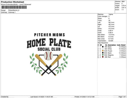 Pitcher Moms Baseball Embroidery Design: Home Plate Social Club (Digital Download)