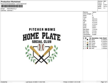 Pitcher Moms Baseball Embroidery Design: Home Plate Social Club (Digital Download)