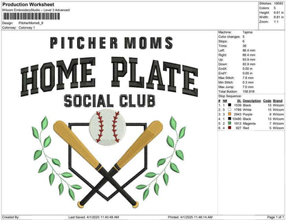 Pitcher Moms Baseball Embroidery Design: Home Plate Social Club (Digital Download)