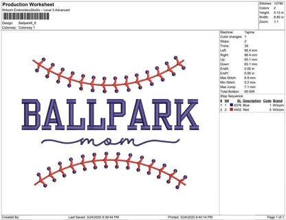 Ballpark Mom Embroidery Design: Baseball Softball (Digital Download)