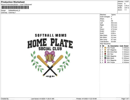 Baseball Moms Home Plate Embroidery Design: Sport Social Club (Digital Download)