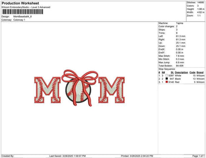 Baseball Mom Embroidery Design: Bow, Varsity Letters (Digital Download)