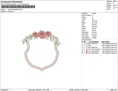Vintage Rose Crest Frame Embroidery Design: Floral Monogram (Digital Download)