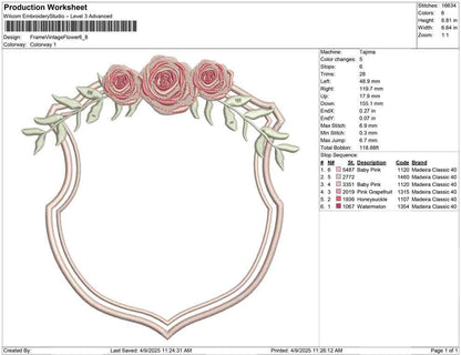 Vintage Rose Crest Frame Embroidery Design: Floral Monogram (Digital Download)