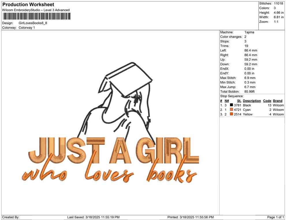 Girl Who Loves Books Embroidery Design: Book Lover Gift (Digital Download)