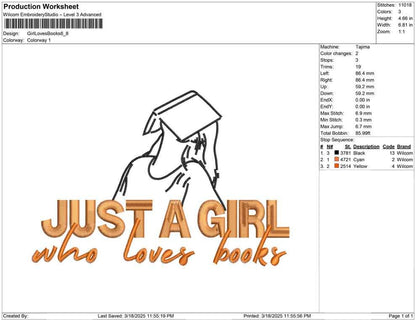 Girl Who Loves Books Embroidery Design: Book Lover Gift (Digital Download)