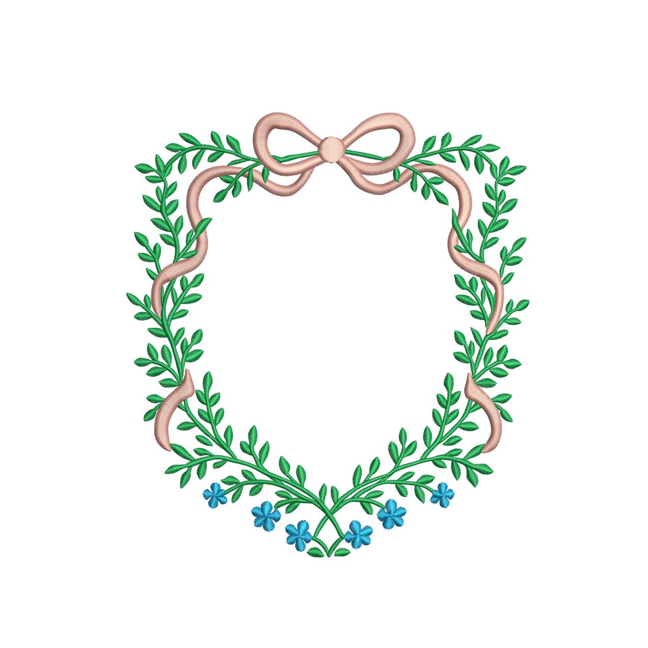 Floral Ribbon Crest Frame Embroidery Design: Leaf & Blossom (Digital Download)