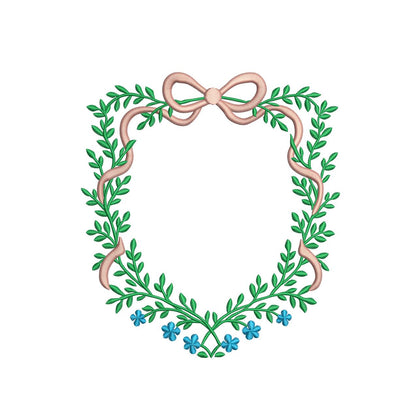 Floral Ribbon Crest Frame Embroidery Design: Leaf & Blossom (Digital Download)