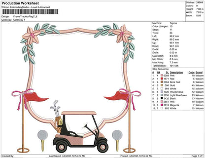 Floral Golf Cart Frame Embroidery Design: Monogram Banner (Digital Download)