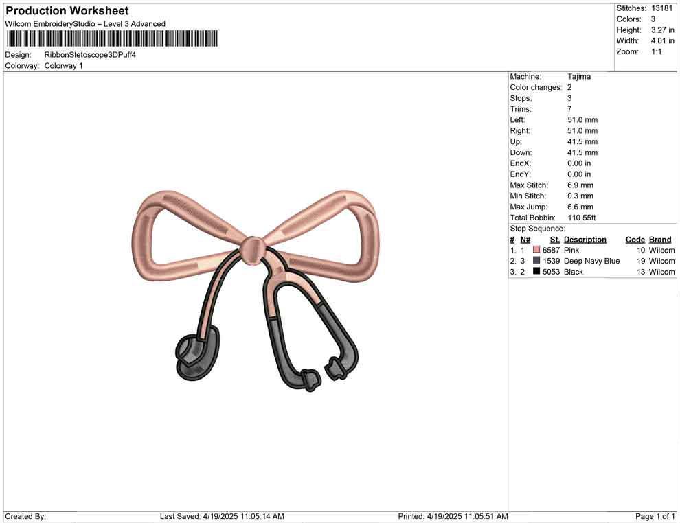 3D Puff Stethoscope Bow Embroidery Design: Nurse Doctor Gift (Digital Download)