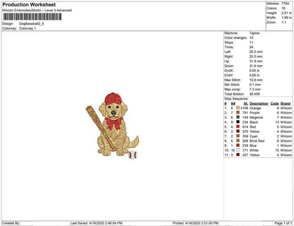 Baseball Golden Retriever Embroidery Design: Puppy with Bat (Digital Download)