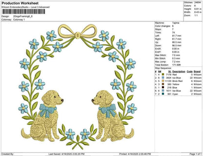 Floral Wreath Dog Crest Frame Embroidery Design: Golden Retrievers Machine Embroidery File (DST, PES, JEF and more) Digital Download Puppy