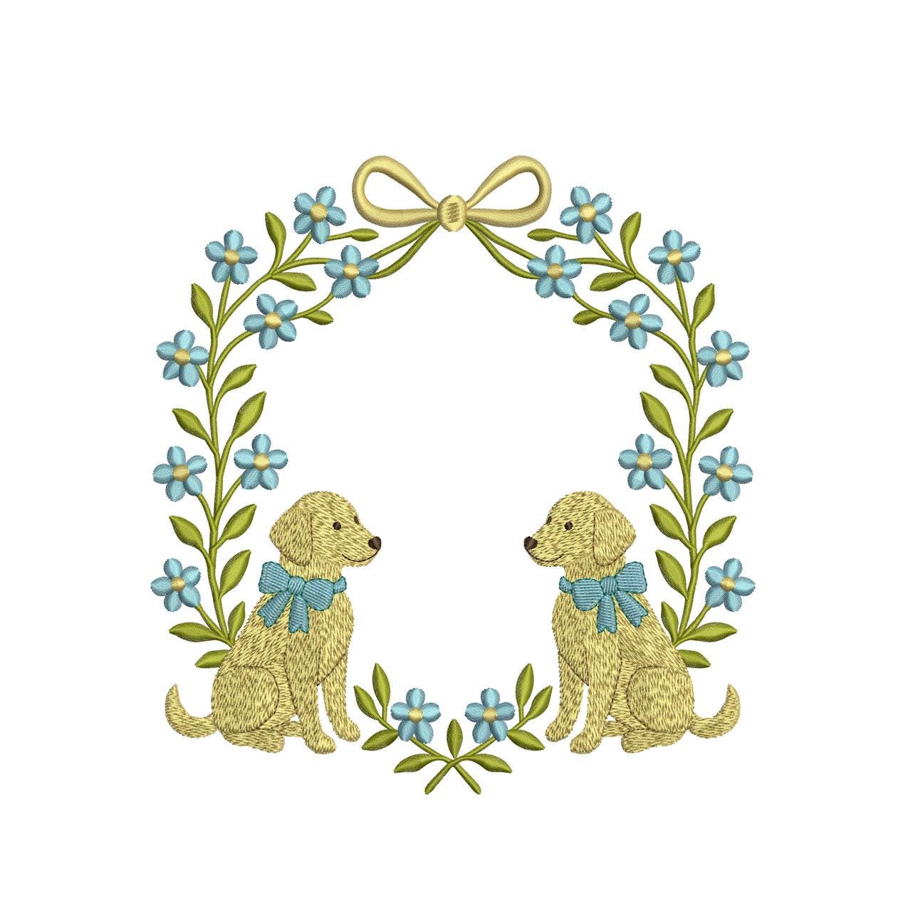 Floral Wreath Dog Crest Frame Embroidery Design: Golden Retrievers Machine Embroidery File (DST, PES, JEF and more) Digital Download Puppy