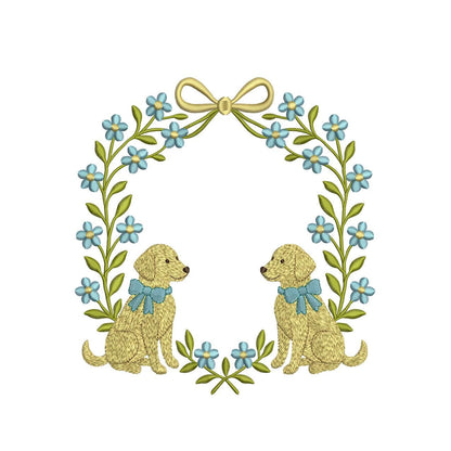 Floral Wreath Dog Crest Frame Embroidery Design: Golden Retrievers Machine Embroidery File (DST, PES, JEF and more) Digital Download Puppy