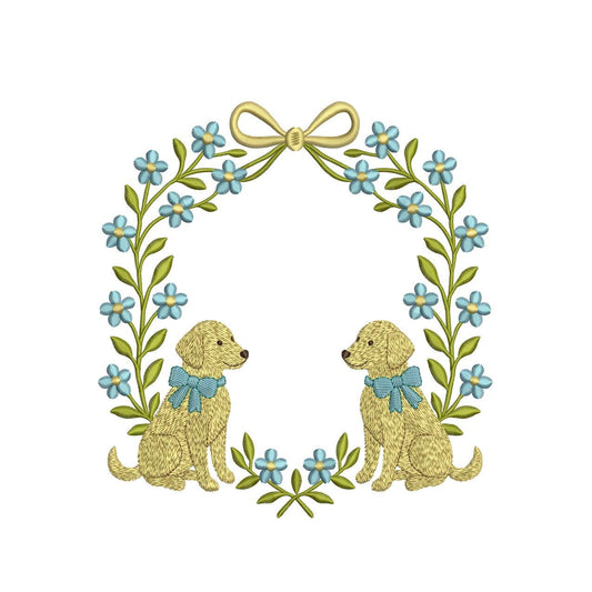 Floral Wreath Dog Crest Frame Embroidery Design: Golden Retrievers Machine Embroidery File (DST, PES, JEF and more) Digital Download Puppy