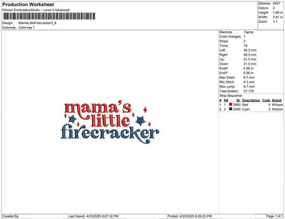 Mama's Little Firecracker Embroidery Design: 4th July (Digital Download)