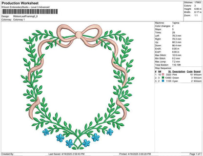 Floral Ribbon Crest Frame Embroidery Design: Leaf & Blossom (Digital Download)