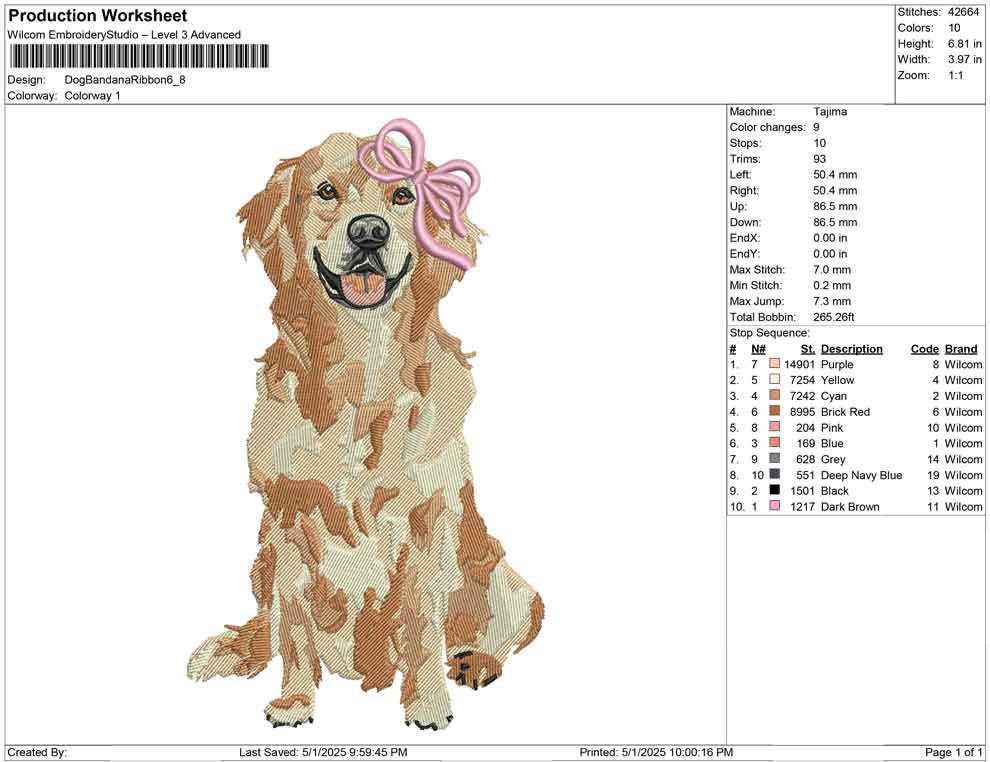 Golden Retriever Embroidery Design: Dog with Pink Bow (PES DST EXP more) Dog Machine Embroidery File