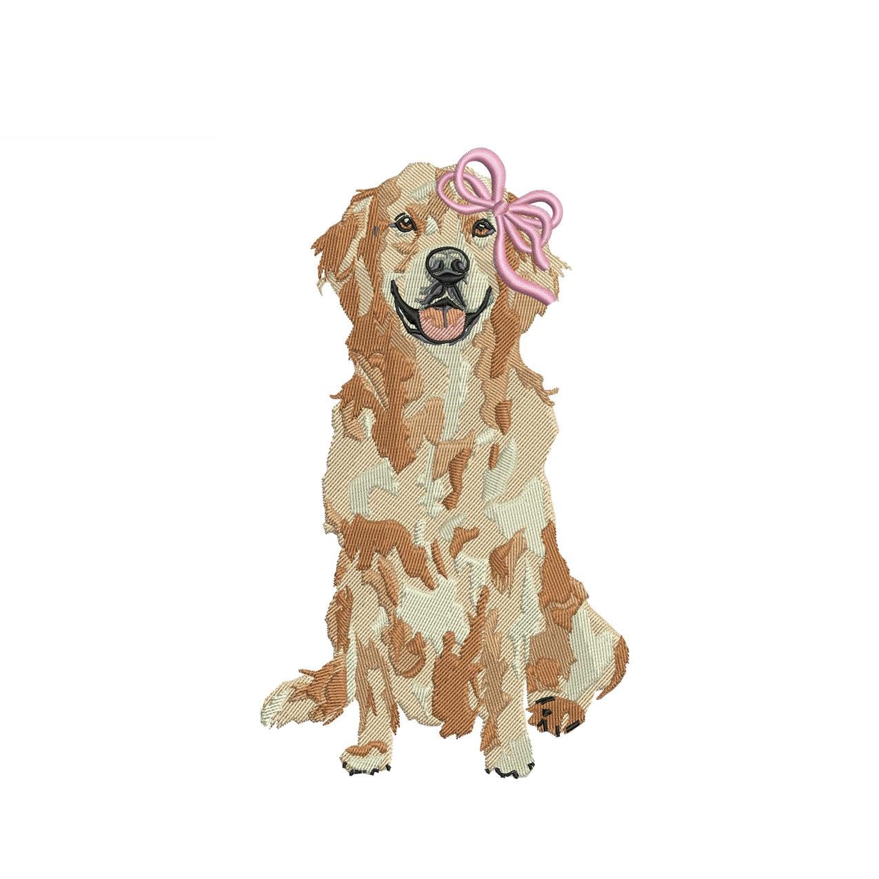 Golden Retriever Embroidery Design: Dog with Pink Bow (PES DST EXP more) Dog Machine Embroidery File