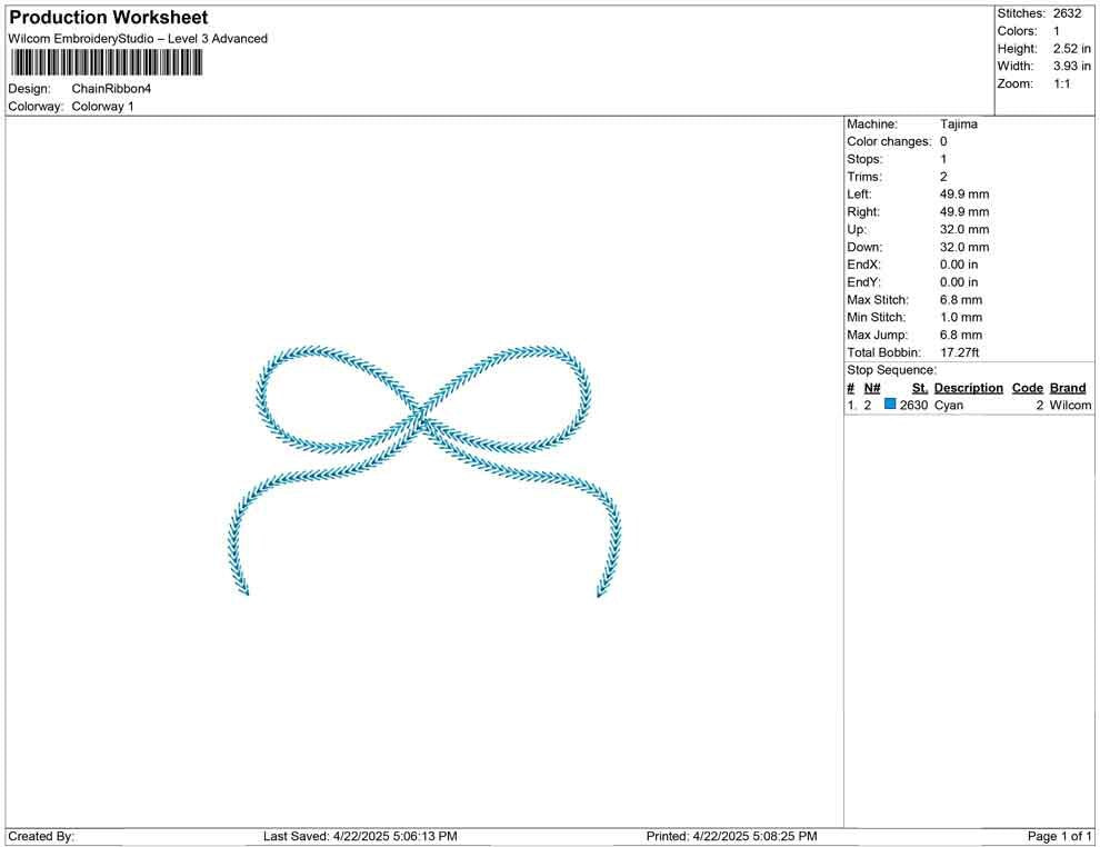 Chain Stitch Bow Embroidery Design: Ribbon Machine File (DST, PES, EXP, more)