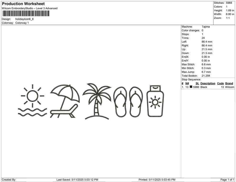 Beach Vacation Icon Set Embroidery Design: Summer Travel (Digital Download)
