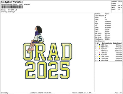 Grad 2025 Embroidery Design: Varsity Style Graduate (Digital Download)