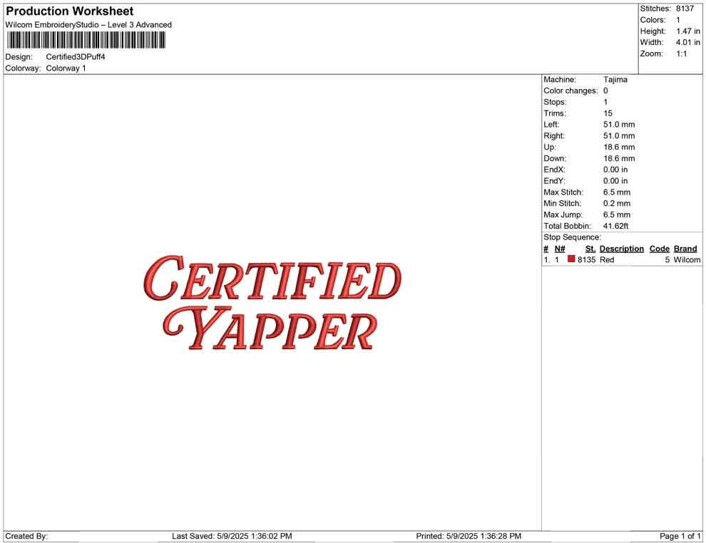 3D Puff Embroidery Design Certified Yapper Puff Machine Embroidery File PES Funny Script Puff Embroidery File DST Talkative Puff Embroidery