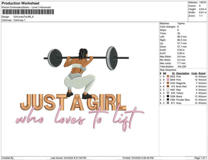 Gym Girl Embroidery Designs: Just A Girl Who Loves To Lift Embroidery File Female Weightlifting Machine Embroidery File