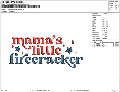 Mama's Little Firecracker Embroidery Design: 4th July (Digital Download)