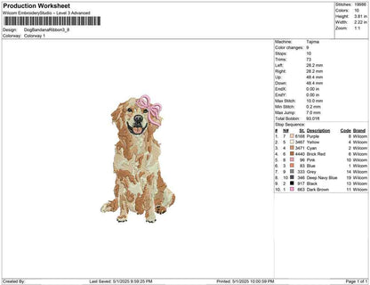 Golden Retriever Embroidery Design: Dog with Pink Bow (PES DST EXP more) Dog Machine Embroidery File
