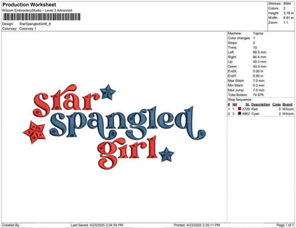 Star Spangled Girl Embroidery Design: 4th of July (Digital Download)