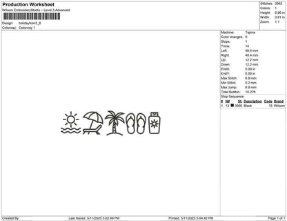 Beach Vacation Icon Set Embroidery Design: Summer Travel (Digital Download)
