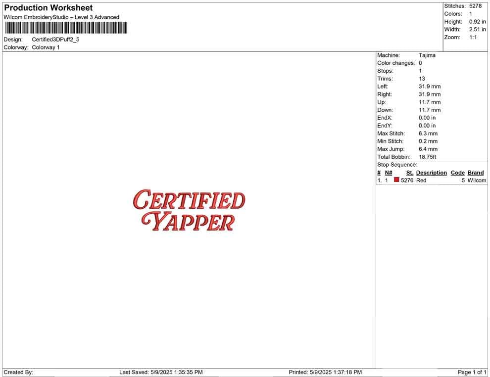 3D Puff Embroidery Design Certified Yapper Puff Machine Embroidery File PES Funny Script Puff Embroidery File DST Talkative Puff Embroidery