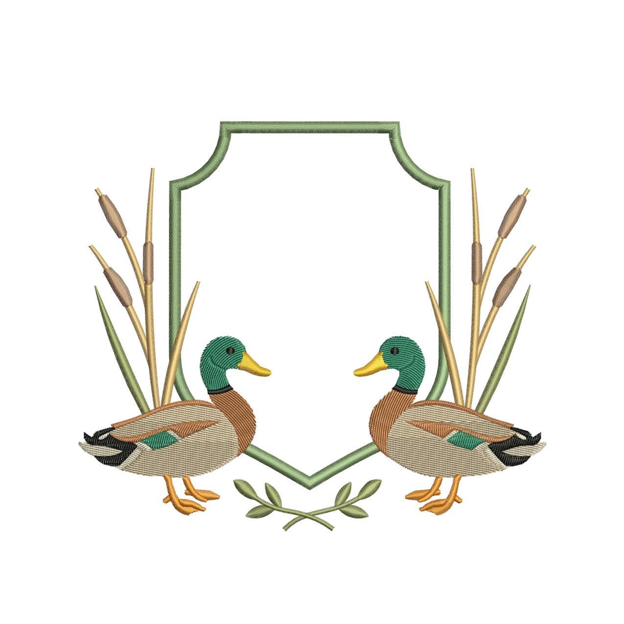 Mallard Duck Crest Embroidery Design: Banner Frame Machine Embroidery File Rustic Embroidery Crest (DST, PES, EXP more) Digital Download