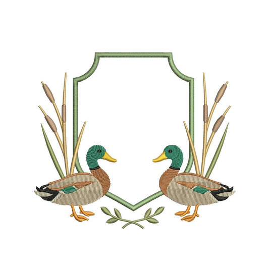 Mallard Duck Crest Embroidery Design: Banner Frame Machine Embroidery File Rustic Embroidery Crest (DST, PES, EXP more) Digital Download