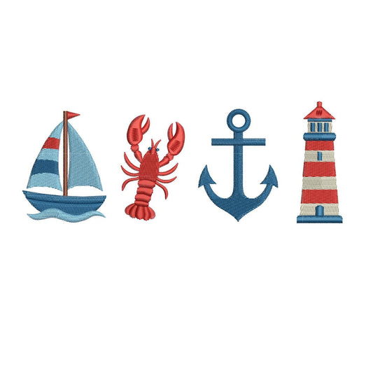 Nautical Icon Embroidery Design: Sailboat, Lobster, Anchor, Lighthouse (Digital Download)