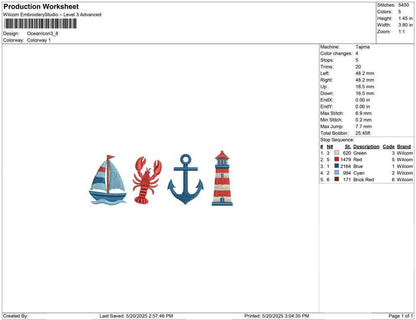 Nautical Icon Embroidery Design: Sailboat, Lobster, Anchor, Lighthouse (Digital Download)