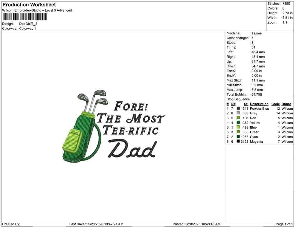 Dad Golf Embroidery Design For Golfer Dad Masters Machine Embroidery File DST Teerific Dad PES Fathers Day Golf EXP Family Golf Embroidery