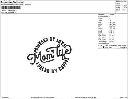 Mom Life Embroidery Design Mom Love Coffee Machine Embroidery File For Her PES Mom Era EXP Motherhood Embroidery DST Powered By Coffee Mom