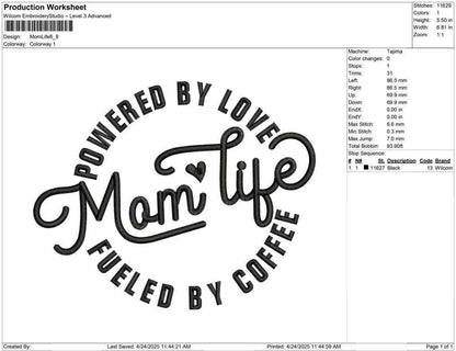 Mom Life Embroidery Design Mom Love Coffee Machine Embroidery File For Her PES Mom Era EXP Motherhood Embroidery DST Powered By Coffee Mom