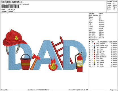 Dad Embroidery Design Fathers Day Machine Embroidery File Firefighter Dad DST Fireman Father PES First Responder Embroidery Best Dad EXP