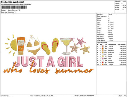 Just A Girl Embroidery Design Summer Machine Embroidery File Summer Vacation Embroidery PES File Beach Embroidery EXP Sun And Fun DST File