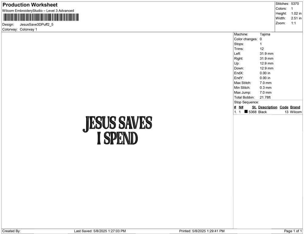 3D Puff Embroidery Design Jesus Saves I Spend: Funny Christian Quote (Digital Download)