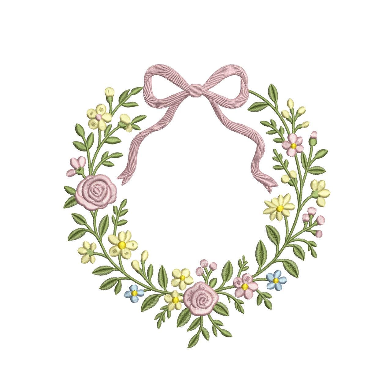 Floral Ribbon Wreath Embroidery Design: Vintage Bow Frame (PES, DST, JEF) Digital Download