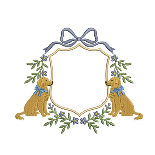 Golden Retriever Embroidery Frame Designs: Baby Name Banner Frame Embroidery Files Golden Dog Embroidery Crest Frame Design