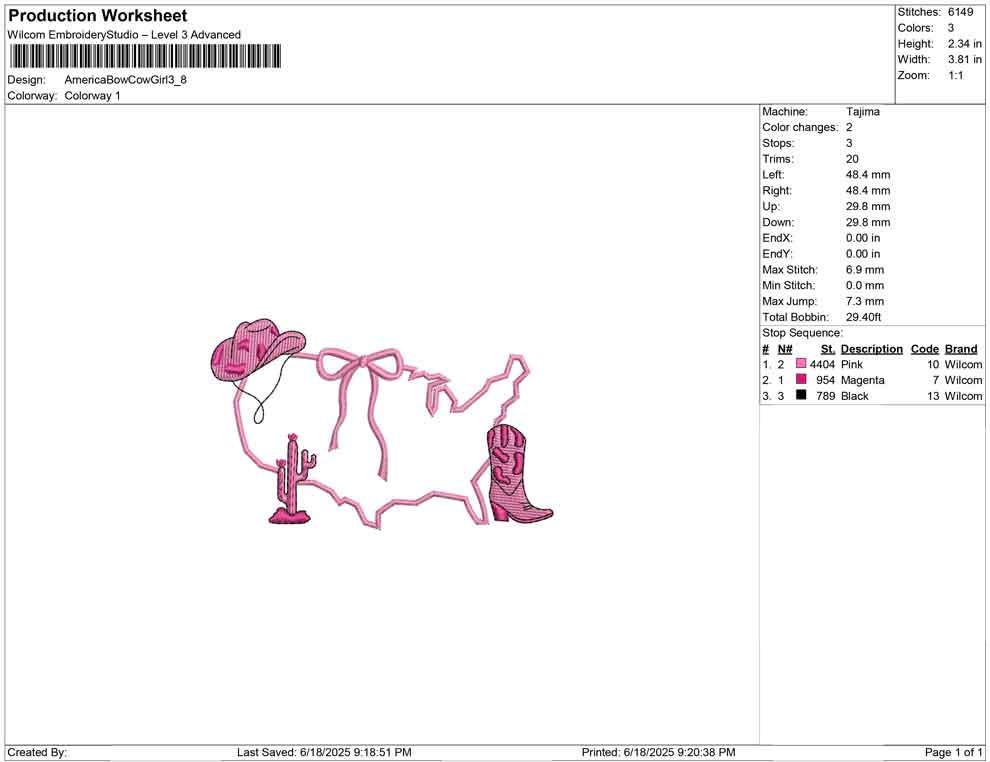 Cowgirl America Embroidery Design: Western USA, Cactus, and Pink Hat (Digital Download)